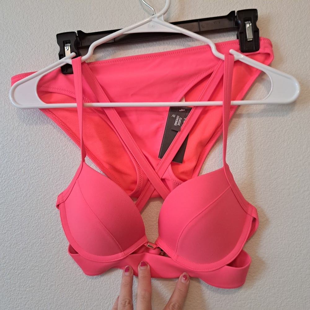 Abercrombie & Fitch Neon Pink Bikini Set Push Up Top Classic Bottoms Medium NEW